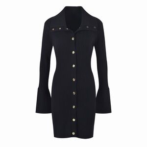 Balmain like Chic Black Long Sleeve Button Dress
